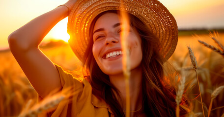 A portrait of a smiling woman wearing a hat in a field of wheat. - 781707741