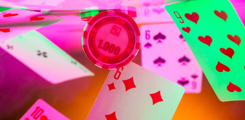 background banner with cards and poker chip - 781707988