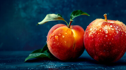 A juicy red apple, with water droplets glistening on its surface, sits next to a peach. - 781708146