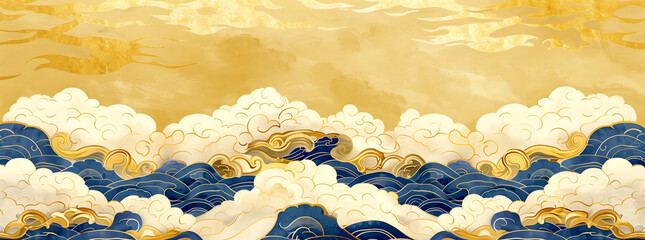 Golden Sea of Clouds Wallpaper: Cloud and Wave Pattern Background Image in Japanese Style - 781708308