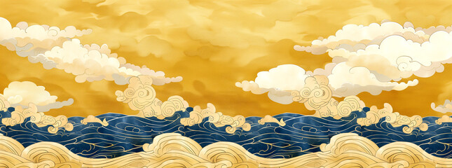 Golden Sea of Clouds Wallpaper: Cloud and Wave Pattern Background Image in Japanese Style - 781708569