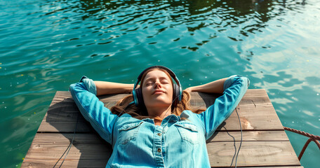 A woman is relaxing on a pier by the lake, listening to music through headphones. - 781708574