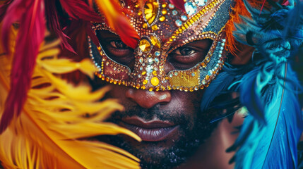 A black man is depicted in a striking portrait wearing a dazzling mask made of feathers and jewels. The bright colors and intricate details of the mask represent the rich traditions .