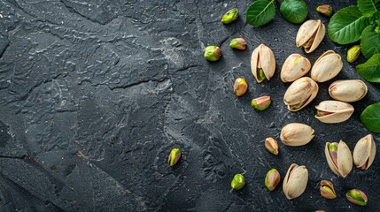 Close-up of pistachios and foliage on dark surface