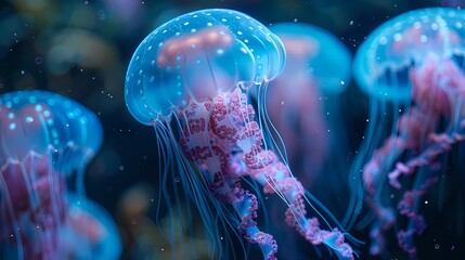 Digital underwater world blue jellyfish poster background