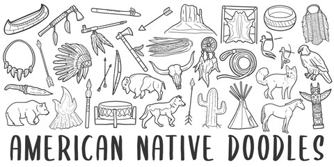American Native doodle icon set. America Vector illustration collection. Banner Hand drawn Line art style. © josepperianes