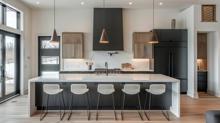 In the kitchen a minimalist approach is taken with streamlined cabinets in a matte black finish and white quartz countertops. Breaking up the monochromatic scheme are three oxidized .