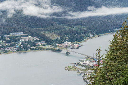 aerial view of city of Juneau Alaska, and Juneau cruise ship port, USA , with mountains in the background, landscape, panorama view
