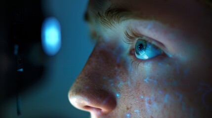 A closeup of a students face illuminated by the glow of a computer screen. Their expression is one...