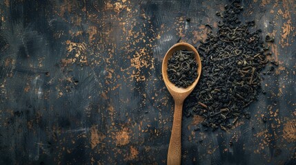 Wooden spoon with heap of black tea