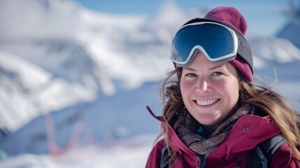 Fototapeta na wymiar a woman smiling on a snowy mountain, snow skiing concept generative ai