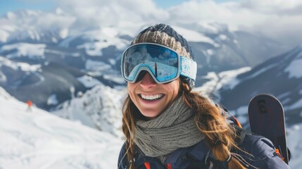 Fototapeta na wymiar a woman smiling on a snowy mountain, snow skiing concept generative ai