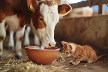 A cow sings a little kitten with milk