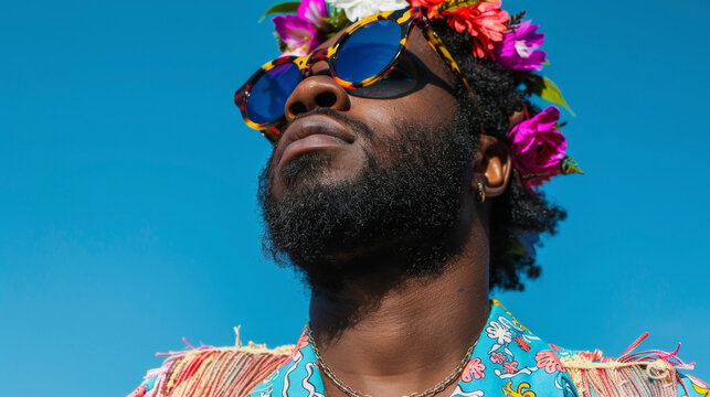 This portrait of a black man features a groovy tiedye shirt and a fringed vest giving off major psychedelic vibes. As he looks off into the distance his flower crown and oversized .