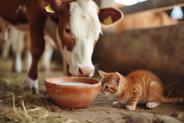 A cow sings a little kitten with milk - obrazy, fototapety, plakaty