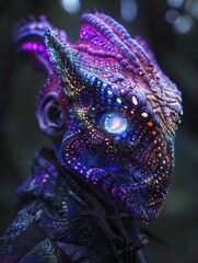 A creature with luminescent tentacles for hair, glowing eyes, and a skin that shifts colors like a chameleon, in portrait photography style. - obrazy, fototapety, plakaty