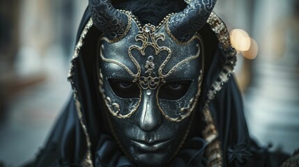 Fototapeta na wymiar A demon blending into a masquerade, with a mask more real than any face, in an enigmatic portrait photography style.