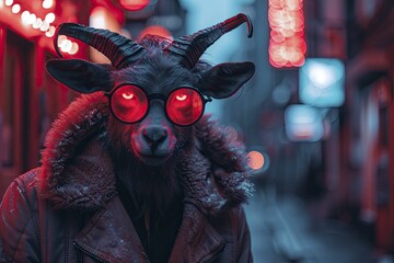 A demon blending into the urban night, wearing modern fashion but with unmistakable horns and a tail, in a contemporary portrait photography style.