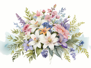 soft delicate purple and white bouquet of flowers watercolor