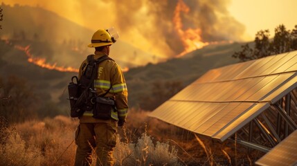 The fourth image portrays a firefighter standing in front of a row of solar panels which are powering emergency communication and monitoring equipment. In the background a plume of .