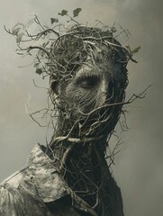 A figure with a body composed of twisted roots and vines, and eyes like deep, dark wells, in an earthy portrait photography style.