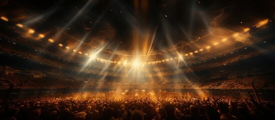 Stadium lights and crowd of fans at a live sporting event. - obrazy, fototapety, plakaty