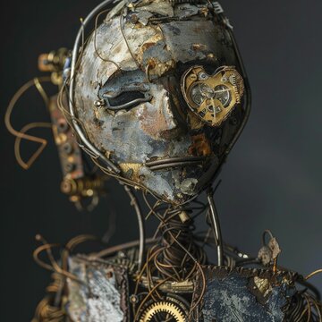 An artistic creation fashioned from wire and metal pieces, its heart ticking with old clockwork, captured in a recycled portrait photography approach.