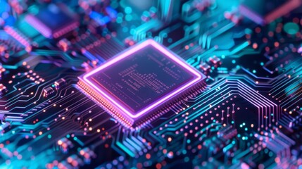 Obraz premium image of computer microchip with blue and violet neon lights. generative ai