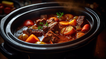 Beef Stew in a slow-cooker, ready to serve