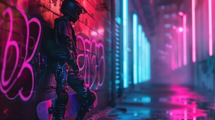 An androgynous figure leans against the wall their cybernetic arm glinting in the neon light. They hold a skateboard under one arm . . - obrazy, fototapety, plakaty