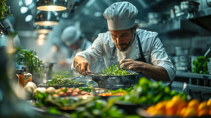 Famous Chef of a Big Restaurant Prepares Dishes with His Help of Cooks. Modern Kitchen is Made of Stainless Steel and Full of Cooking Ingredients.