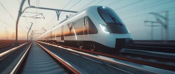 Modern high speed smart electric train in motion travelling along a railway track platform, future of travel through a scenic countryside landscape, light train , photorealistic, motion blur effect 