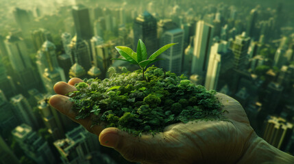 A hand holds a small green plant above a dense urban cityscape, symbolizing sustainability. - obrazy, fototapety, plakaty