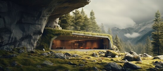 modern house under a rock cliff in the forest
