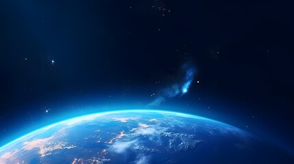 A blue space background with the earth behind, dark blue, luminous scenes, . For Design, Background, Cover, Poster, Banner, PPT, KV design, Wallpaper