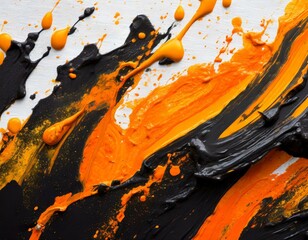 pintura naranja y negra derramada sobre lienzo. - obrazy, fototapety, plakaty