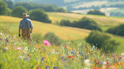 A scenic shot of a rolling countryside dotted with fields of colorful wildflowers. In the foreground a farmer is ting the flowers with a scythe a traditional od of harvesting. These . - obrazy, fototapety, plakaty