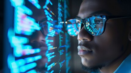 software developer wearing glasses, looking at computer screen developing code generative ai - obrazy, fototapety, plakaty