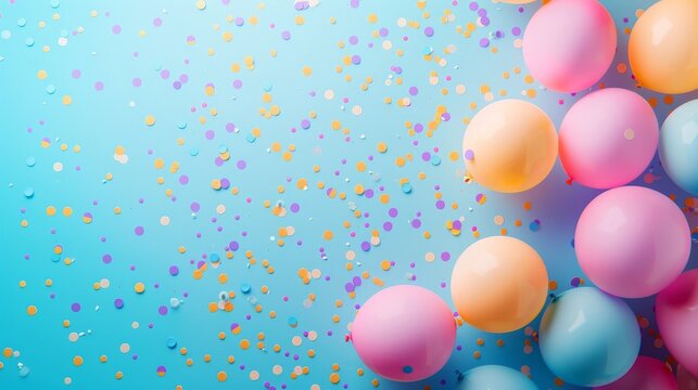 Background with fastive air balloons of round shape and confetti, multicoloured top view. Birthday party background.