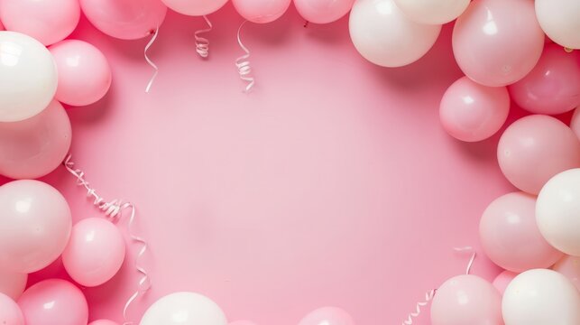 Balloons on pastel pink background. Frame made of white and pink balloons. Birthday, holiday concept. Flat lay,