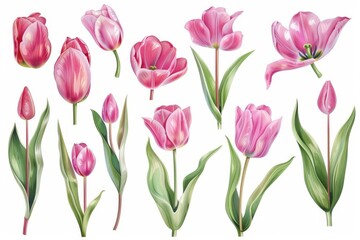 pink tulip flower bouquet set isolated on white floral design elements collection