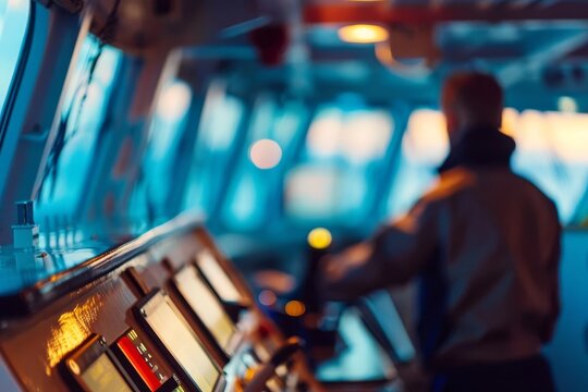 blurred image of captain navigating cruise ship from control room commercial shipping transportation concept photo