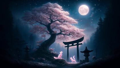 幻想的な夜景と桜の木の下の鳥居
