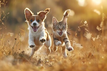 cute dog and cat happily running and jumping in field blurred natural background pet friendship concept digital painting