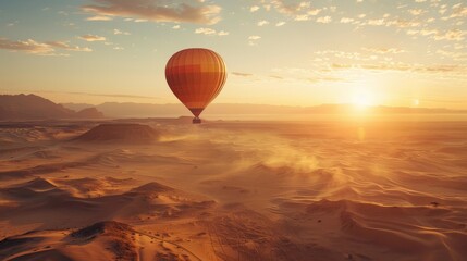 Desert and hot air balloon Landscape at Sunrise. Travel, inspiration, success, dream, flight concept - obrazy, fototapety, plakaty