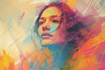 Abstract Woman Illustration with Geometric Dynamism Warm Tones, Soft Lighting, Dreaminess