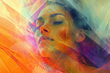 Serene Abstract Woman Artwork Vibrant Colors, Geometric Shapes, Dreamy Ambiance