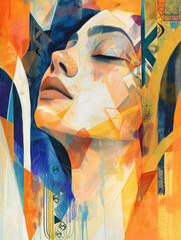Dreamy Abstract Woman Artwork Vibrant Colors, Geometric Shapes, Calming Expression