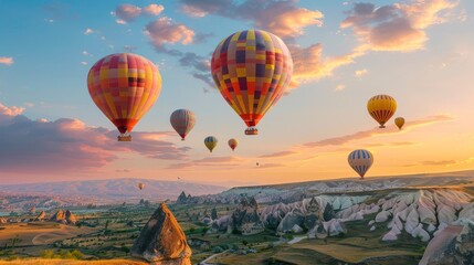 Landscape of fabulous . Colorful flying air balloons in sky at sunrise in Anatolia. - obrazy, fototapety, plakaty