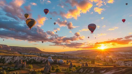 Landscape of fabulous . Colorful flying air balloons in sky at sunrise in Anatolia.